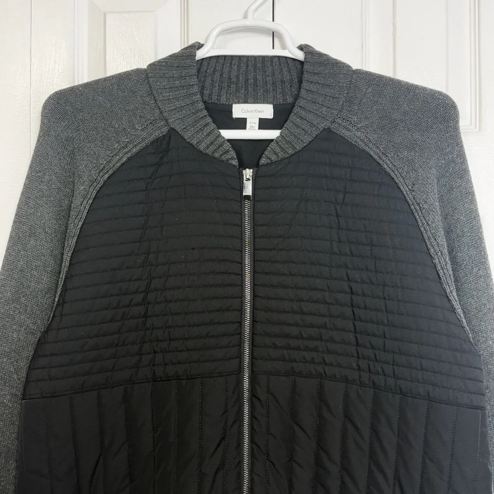 Calvin Klein Gray & Black Mixed Media Quilted Front Zip Sweater Jacket XL